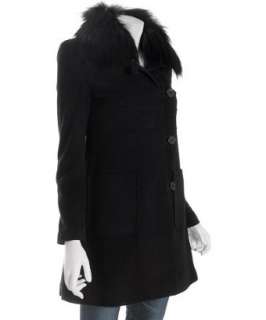 Andrew Marc black wool cashmere fur trim coat  