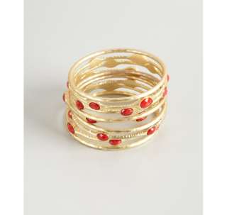 Kenneth Jay Lane set of nine coral glass and gold plate stackable 