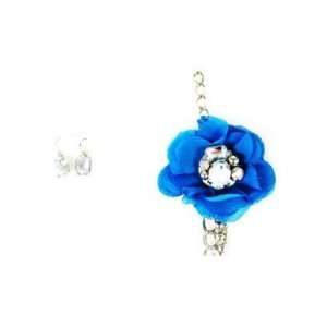  Silvertone Multi Chain Blue Organza Jeweled Flower Necklace 