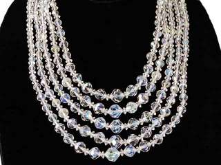 Vintage Aurora Borealis Crystal Necklace Five Strand 1950S  