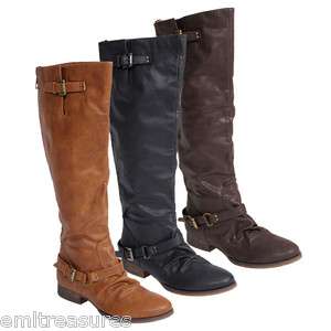 Women Leather Slouch Back Zipper Knee Tall Riding Boots  