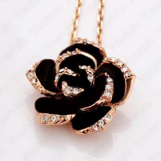   Gold Plated Swarovski Crystal Black Rose Flower Pendant/Chain Necklace