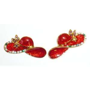  Red Enamel Crystal Hat Pierced Earrings Jewelry