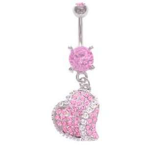 Pretty Pink Many Gem Paved Heart dangle Belly navel Ring piercing bar 