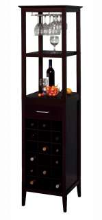 Espresso Wood Glass & Wine Rack Tower For 18 Bottles  