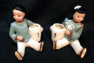 Pair Calif Pottery Japanese Figurines Brush Pots  