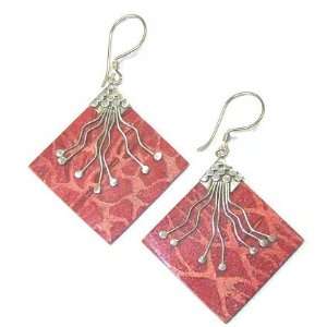   Diamond Shape Red Coral and Sterling Silver Earrings