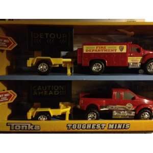 Tonka Toughest Minis 2 Fire Department Trucks with Trailors Carrying 